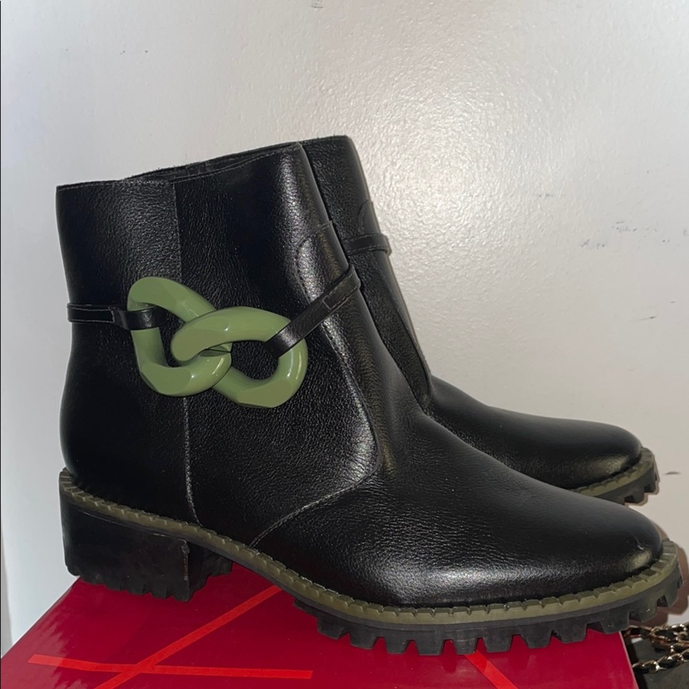 Black Leather Ankle Boots with Green Accent